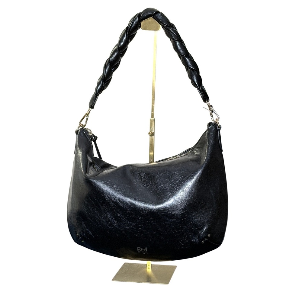Rebecca Minkoff Megan Braided Hobo Bag Medium Black Gold Logo Minimalist